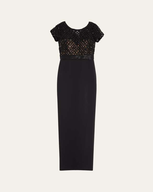 Crepe Column Gown with Embroidered Satin Ribbon Bodice